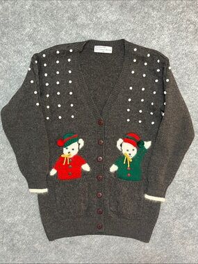 Vintage Christmas Sweater Rene Derhy Paris Holiday Teddy Bear Knit Charcoal